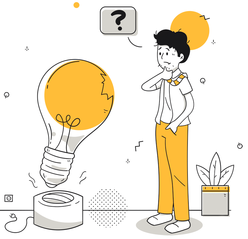 A cartoon character pondering next to a light bulb and a question mark, illustrating a moment of thought or inquiry.